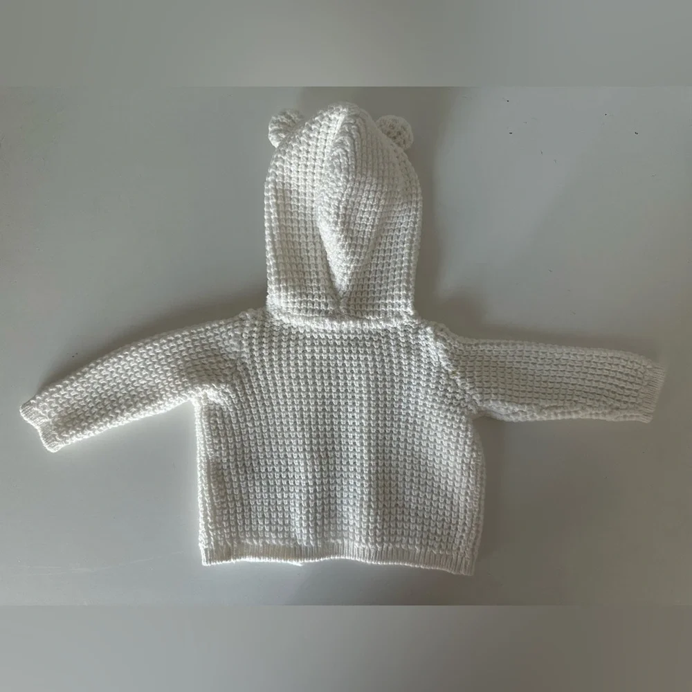Carter’s Newborn Baby Knit Sweater - Button Down Cardigan in Ivory White w/ Ears